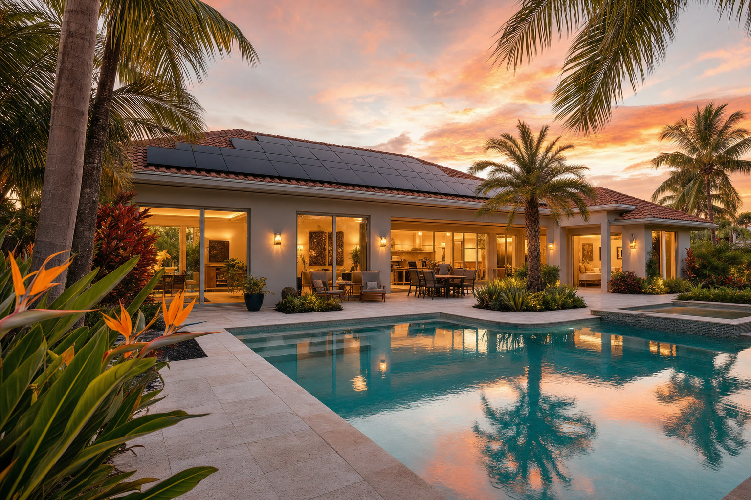 Modern Florida home with solar panels and a turquoise pool at sunset
