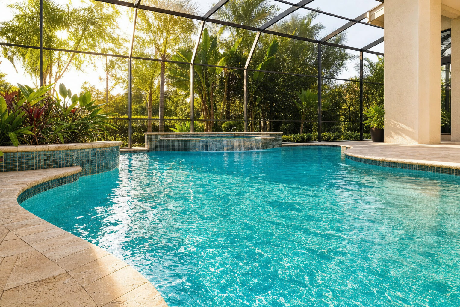 Crystal-clear Florida pool with tropical landscaping