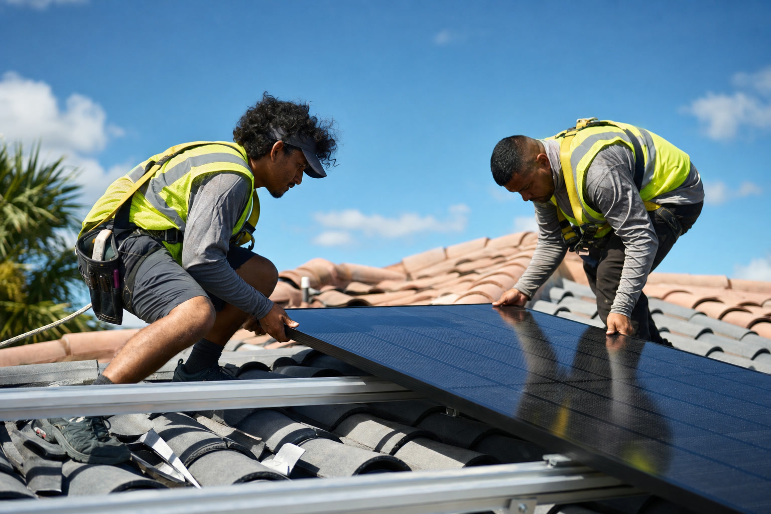 Solar panel installers on a Florida home roof